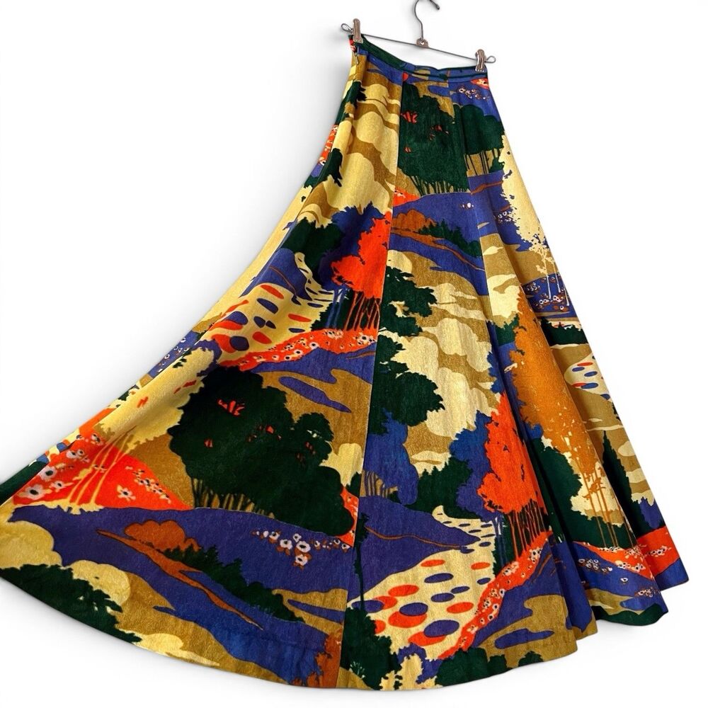 Vintage 1970s Autumn Trees Print Velvety Maxi Skirt XS Psychedelic Hippie Boho